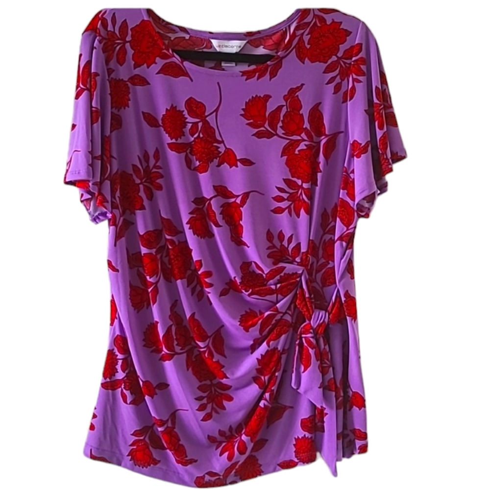 Liz Claiborne Purple Top with Red Floral Print